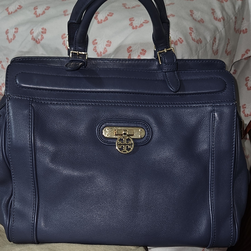 Navy Leather Tory Handbag with Gold Accents